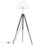 vidaXL Lampă de podea cu trepied, gri/alb, 141 cm, lemn masiv de tec, vidaXL