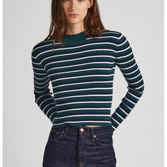 Pepe Jeans London, Pulover slim fit cu model in dungi, Alb/Verde englez
