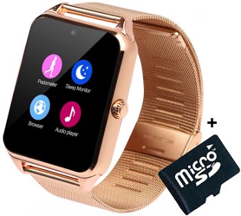 Ceas Smartwatch cu Telefon iUni GT08s Plus, Curea Metalica, Touchscreen, Camera, Gold + Card MicroSD 4GB