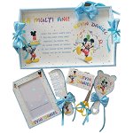 Set mot Mickey Mouse, 7 piese, personalizat, din lemn, cu fundite albastre si ornamente multicolore DSPH015