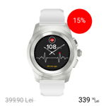 Smartwatch ZeTime Standard 44MM Argintiu Brushed Si Curea Silicon Alba, Ecran Touch Color, Monitorizare Ritm Cardiac, Bluetooth 4.2, Rezistenta la Apa 5ATM