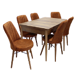 Set masa extensibila cu 6 scaune Arrys, lemn + metal, nuc + caramiziu, 130 x 80 cm