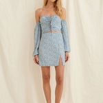 NA-KD, Fusta mini cu talie inalta si slit frontal, Alb/Bleu, 38