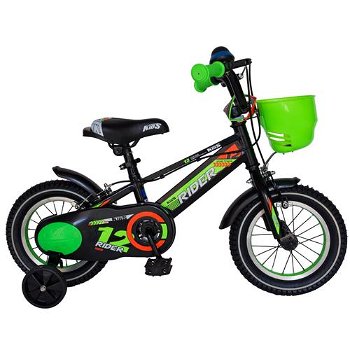 Bicicleta baieti CARPAT RIDER C1207C, roata 12 Inch, V-Brake, roti ajutatoare, 2-4 ani, verde-portoc