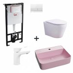 Set vas wc rimless cu capac soft close, lavoar baie roz mat, baterie si rezervor wc cu clapeta alb lucios, Foglia