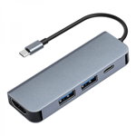 Adaptor multiport 4 in 1 USB Type-C la HDMI USB 3.0 USB 2.0 USB-C 4K 30Hz PD 87W indicator LED pentru MacBook Chromebook laptop cu incarcare Type-C gri, krasscom