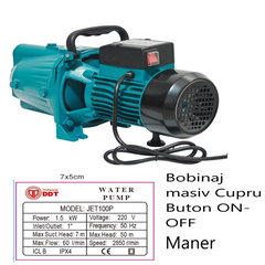 Pachet promo Pompa de suprafata JET100P, 1.5kW, apa curata, 60L min, 50m, 1 cu buton pornire-oprire si bobinaj masiv cupru + Presostat electronic automat DDT LS1, 1.1kW, 10 bar Engros, DDT