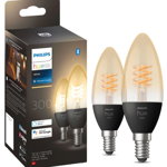 2 Becuri LED inteligente Philips Hue B39, Bluetooth, E14, 4.5W (28W), 300 lm, lumina calda (2100K), cu filament, PHILIPS HUE