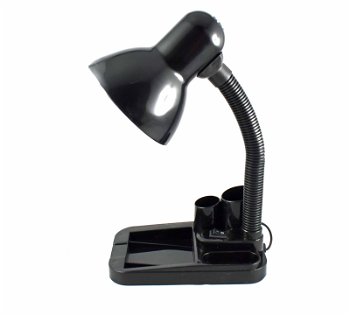 Lampa de birou neagra cu suport accesorii de birou , pentru becuri E27 Led si economice , cu brat reglabil, 