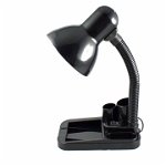 Lampa de birou neagra cu suport accesorii de birou , pentru becuri E27 Led si economice , cu brat reglabil, 
