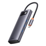 Adaptor Metal Gleam 6in1, Baseus, HUB USB-C - 2x HDMI, 3x USB3.0, PD 100W, Gri