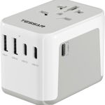 Adaptor priza universal TESSAN, 1 AC, 2 USB și 3 USB C, plastic/ metal, alb/ gri, 5 x 5.3 x 7.1 cm