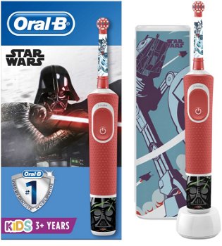 Periuta de dinti electrica Oral-B Vitality Star Wars pentru copii 7600 oscilatii/min, Curatare 2D, 2 programe, 1 capat, 4 stickere incluse, Trusa de calatorie, Rosu