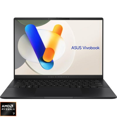 Laptop Asus ASUS Vivobook S14 (M5406) M5406KA-QD072, AMD Ryzen AI 7 350, 14" WUXGA, OLED, 24GB LPDDR5X, 1TB SSD, Radeon Graphics, Fara Sistem de operare, Black