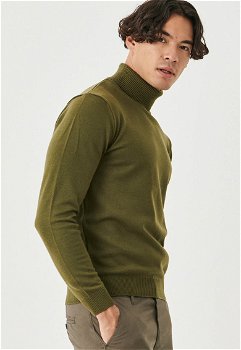 AC&Co, Pulover tricotat fin cu guler inalt, Verde sparanghel, XL