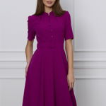 Rochie Dy Fashion magenta cu nasturi la bust si curea in talie, 