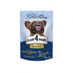 Hrana umeda completa Club 4 Paws Premium Plus Selection pentru caini adulti de talie mica -Bucati de somon si macrou in sos,12x85g