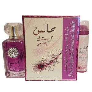 Set Lattafa, Mahasin Crystal Violet, Femei: Apa de Parfum, 100 ml + Deodorant Spray, 50 ml