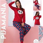 Pijama dama vatuita cu bluza rosie cu imprimeu panda cocolino si pantaloni lungi cu buze rosii PJD056, 