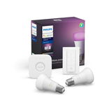 Kit de baza E27 Philips Hue Kit-ul contine 2x bec E27 9W durata de viata 25.000 de ore clasa energetica A+ ambianta alba-color 1x bridge