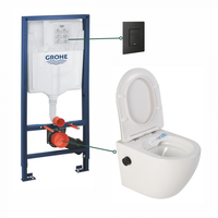 Set vas wc suspendat cu functie bideu alb si baterie inclusa negru mat Foglia Oslo, rezervor Grohe Solido 3 in 1 cu clapeta neagru mat Even, Foglia x Grohe