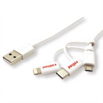 Cablu de date, Roline, Lightning/USB-C/Micro USB/USB-A, 1m, Alb