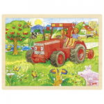 Puzzle din lemn cu rama - Tractorul de la ferma, 96 piese