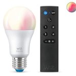 Pachet 1 Bec LED RGB inteligent Connected Colors A60, Wi-Fi, E27, 8W (60W), 806 lm, lumina alba si color (2200-6500K) + Telecomanda, WIZ