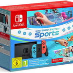 Consola Nintendo Switch, 4GB RAM, 32GB, Bluetooth, HDMI, 2 controlere + Joc Nintendo Switch Sports + Leg Strap, 3 luni abonament Nintendo Switch Online (Rosu/Albastru), Nintendo