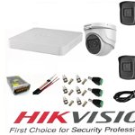 Sistem supraveghere video profesional Hikvision 3 camere 5MP 2 exterior Turbo HD IR 40 M si 1 interior IR 20m DVR 4 canale cu full accesorii, Hikvision