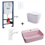 Set vas wc rimless cu capac soft close, lavoar baie roz mat, baterie si rezervor wc Rapid SL cu clapeta alba, Foglia