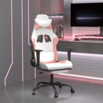 Scaun de gaming cu suport picioare vidaXL, alb/roz, piele ecologica, 66 x 56 x (120,5-131) cm