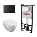 Set rezervor WC cu cadru incastrat Alcadrain AM101/1120 si clapeta M578 negru mat plus vas WC Fluminia Minerva cu capac softclose alb