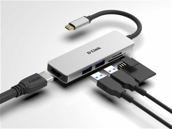 D-Link DUB-M530 5-in-1 USB-C Hub with HDMI and SD/microSD card reader, DUB-M530,1* USB-C connector with USB cable 11.5 cm, 1* HDMI Port, 2* USB Type-APort (USB 3.0), 1* SD card slot, 1* microSD card slot, Weight: 42g., D-LINK
