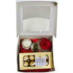 Cutie cadou cu trandafir criogenat, Cutie 8 bomboane Ferrero Rocher, lumanare in borcan, YODB016 - 23h Events