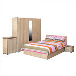 Set dormitor CORINNE, 5 piese, pat 140x200 cm, dulap 5 usi, 2 noptiere, comoda, sonoma deschis, cant sonoma inchis, Mobila SA