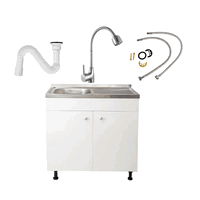 Set Masca Chiuveta Alba 80 x 50 x 80 cm+Chiuveta inox+Baterie lebada flexibila si sifon scurgere, Daemi