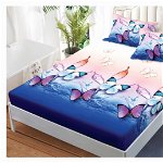 Husa de pat cu elastic 140x200 din Bumbac Finet + 2 Fete de Perna - Fluturi Colorati, 