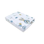 Cearceaf cu elastic pentru patut Qmini 120x60 cm, din bumbac certificat Oeko Tex Standard 100, Teddy Bears on Rainbow, Blue