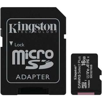 Card memorie cu adaptor Kingston Canvas Select Plus SDCS2/16GB (16GB; Class 10, Class U1, V10; + adapter), Kingston