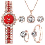 Set Ceas Dama Elegant rosu cu set bijuterii cadou: cercei + colier + bratara + inel + cutie QUARTZ CDQZ130, QUARTZ