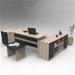 Set de mobilier de birou Bexon, Nuc - Alb - Stejar, Birou - Comoda - Rollbox - Masuta, Locelso
