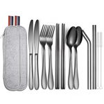 Set 14 tacamuri inox, Quasar & Co., pentru birou, calatorii, camping, husa depozitare, 24 x 7 cm, negru