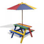 Masă de picnic pentru copii cu bănci & umbrelă, lemn multicolor, Casa Practica