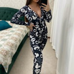 Pijama lunga tip salopeta Vicky, cu maneca lunga, inchidere cu nasturi si imprimeuri diverse, colorate, Mice Simbol, Marime S/M/L, FashionForYou