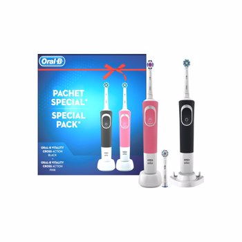 Set 2 x Periuta de dinti electrica adulti Vitality D100, 3 capete, Roz/Negru
