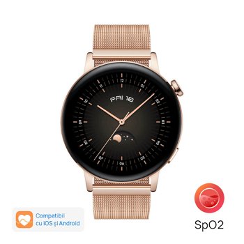 Smartwatch Huawei Watch GT3, 42mm, Elegant Edition, Curea din piele, Alb, Huawei