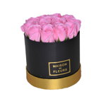 Aranjament floral cutie rotunda neagra cu trandafiri de sapun roz