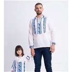 Set bluze traditionale cu broderie inflorata albastra pentru tata si fiica, Haine de vis