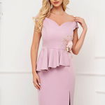 Rochie din stofa elastica roz prafuit midi tip creion cu flori in relief - StarShinerS, StarShinerS